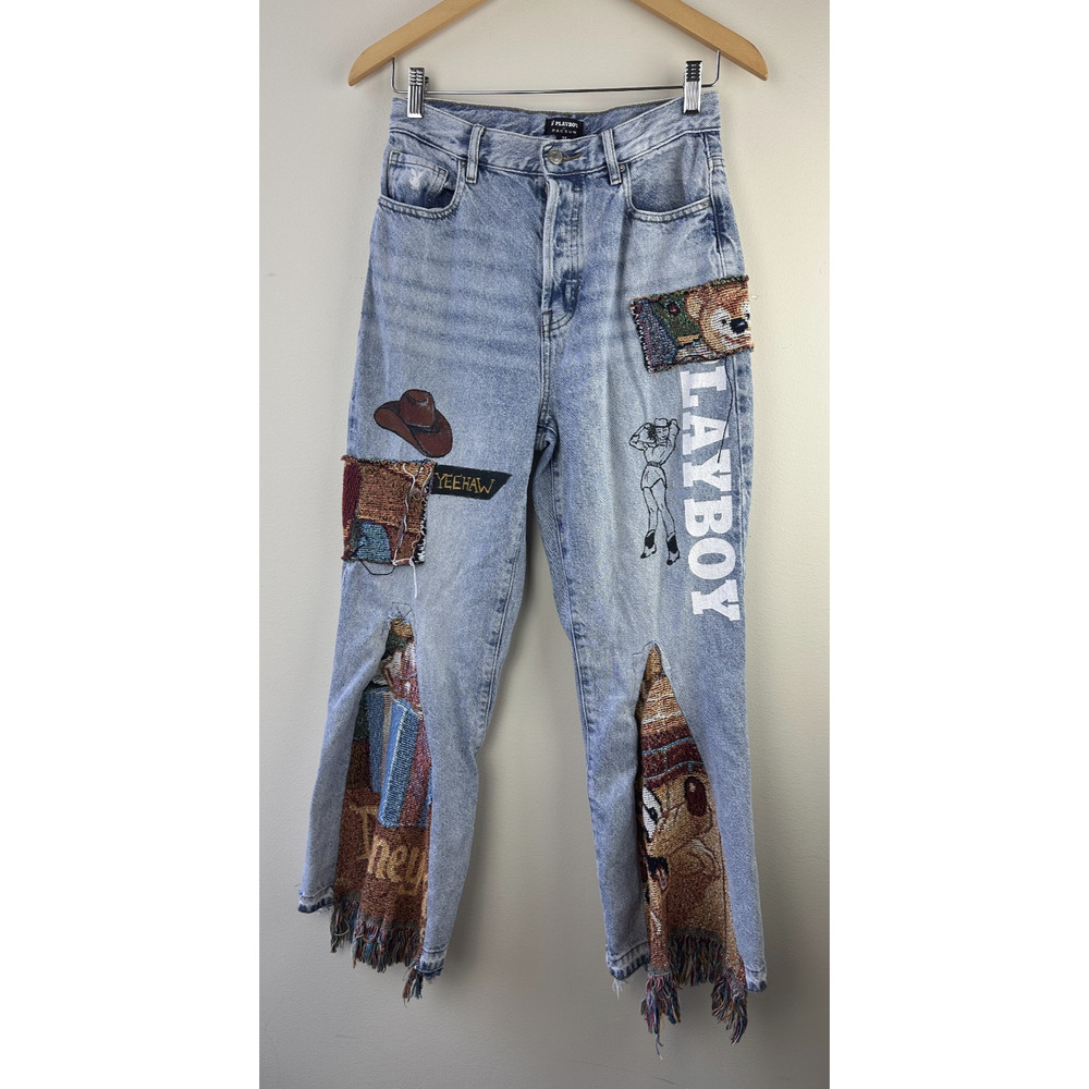 Playboy PacSun Reworked Upcycled Patchwork Denim Jeans Tapestry Boho Women's 27 - Picture 15 of 15